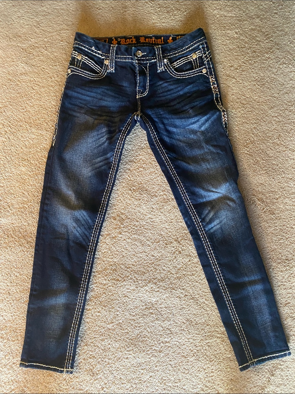 Rock Revival Women's Dark Indigo Skinny Jeans with White Contrast Stitching